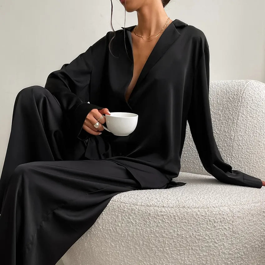 Oversize Satin Silk Sleepwear Low Cut Long Sleeves