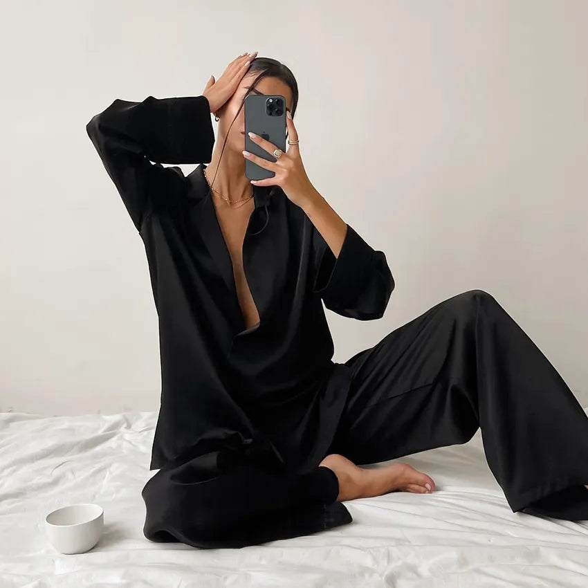 Oversize Satin Silk Sleepwear Low Cut Long Sleeves