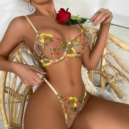 2-Piece Lace Bra Set Floral Embroidery Lingerie Set