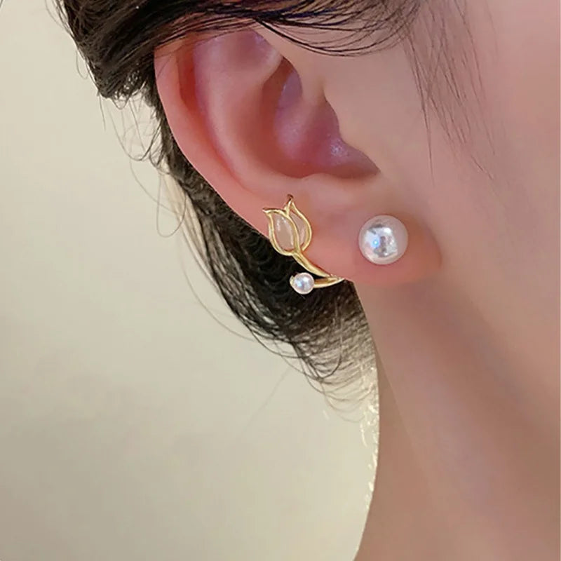 Tulip Flower Pearl Stud Earrings (Multiple Styles)