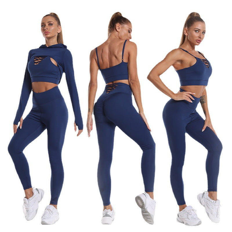 3 Pieces Long Sleeve Hooded Top High Waist Seamless Gym Suit