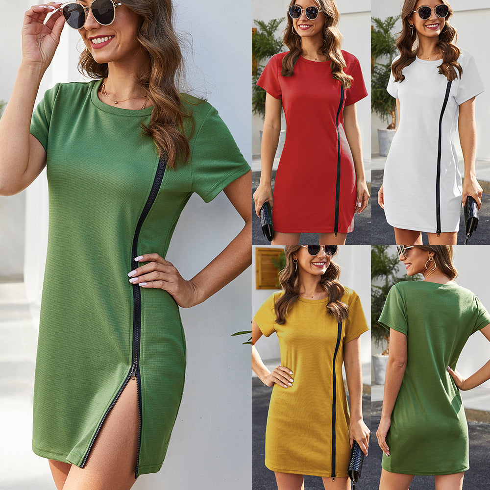 Short Sleeve Zip Hip Slit Dress