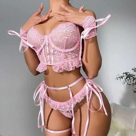 Pink Embroidered Lace Backless Lingerie Suit Set