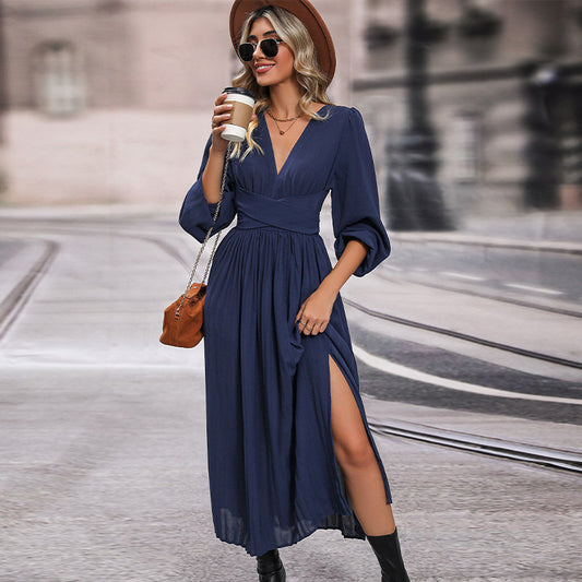 Sapphire Blue Long Sleeve Elegant Autumn Dress