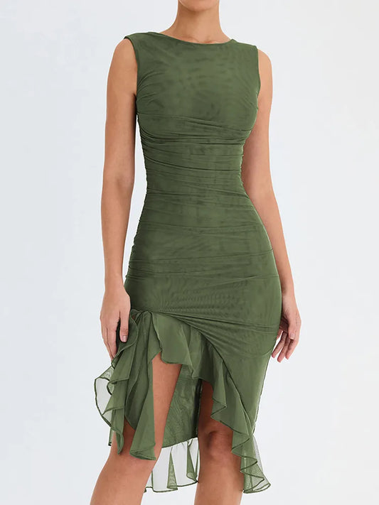 Elegant Ruffle Ruched Midi Dress Sleeveless Irregular Dress